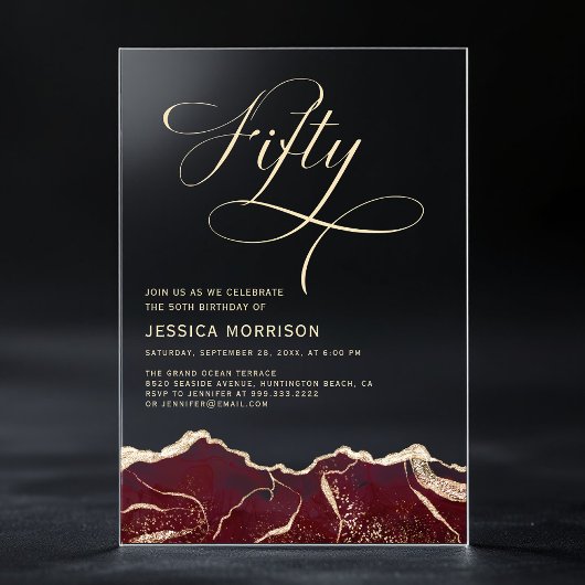 ブルゴーニュ金ゴールドアゲート50th50誕生日パーティー アクリル招待状