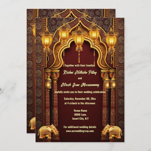 ブルゴーニュ金ゴールドインディアンゾウHindi寺アーチ 招待状 (正面/裏面)