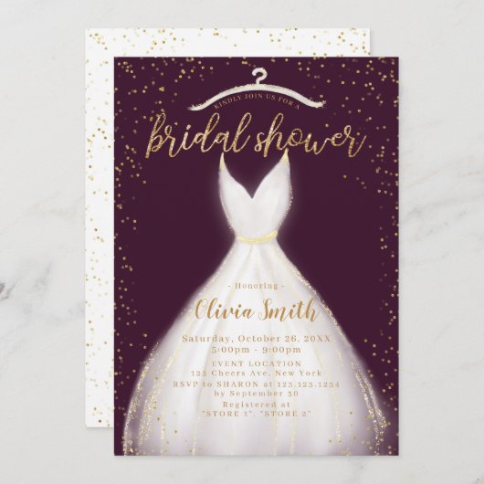 ブルゴーニュ金ゴールドエレガントなウェディングドレスブライダルシャワー 招待状 (正面/裏面)