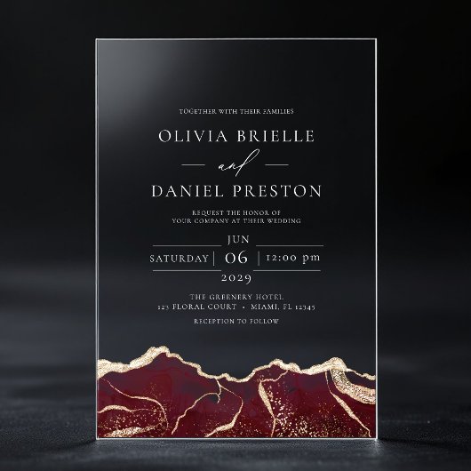 ブルゴーニュ金ゴールドエレガントアモダンテ結婚ト アクリル招待状