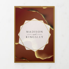 ブルゴーニュ金ゴールドエレガント🌿インクイ抽象芸術結婚ズ 三つ折り招待状