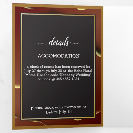 ブルゴーニュ金ゴールドエレガント🌿インクイ抽象芸術結婚ズ 三つ折り招待状 (内部最初)