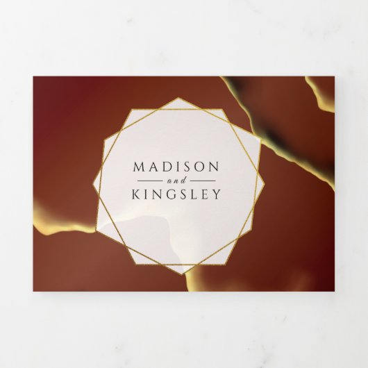 ブルゴーニュ金ゴールドエレガント🌿インクイ抽象芸術結婚ズ 三つ折り招待状 (カバー)