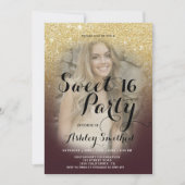 ブルゴーニュ金ゴールドグラデーショングリッターファンシー写真Sweet 16 招待状 (正面)