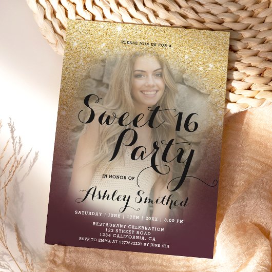 ブルゴーニュ金ゴールドグラデーショングリッターファンシー写真Sweet 16 招待状