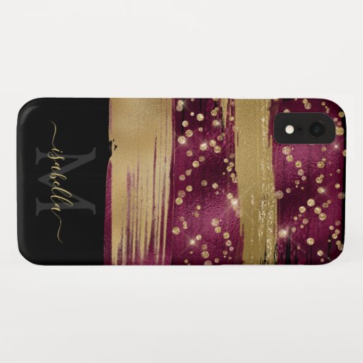 ブルゴーニュ金ゴールドグリッタースクリプトモノグラムの Case-Mate iPhoneケース (裏面(横))