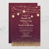 ブルゴーニュ金ゴールドグリッターストリングライトスウィート16 招待状 (正面/裏面)