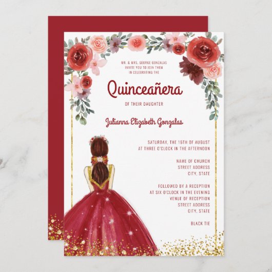 ブルゴーニュ金ゴールドグリッターフローラプリンセスキンセアニェラ 招待状 (正面/裏面)