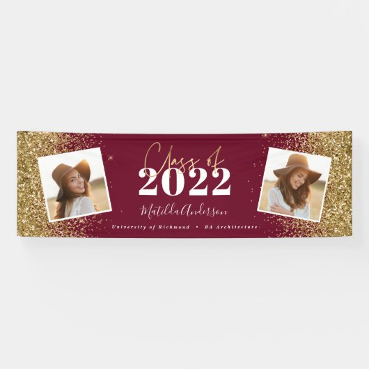 ブルゴーニュ金ゴールドグリッター2写真クラス卒業 横断幕 (横)