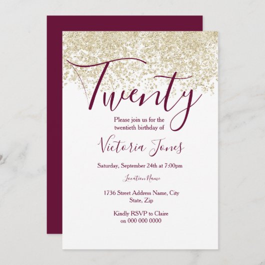 ブルゴーニュ金ゴールドグリッター20th birthday party招待状 招待状 (正面/裏面)