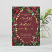 ブルゴーニュ金ゴールドグリーンポインセチア結婚フローラ 招待状 (スタンド正面)