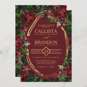 ブルゴーニュ金ゴールドグリーンポインセチア結婚フローラ 招待状 (正面/裏面)