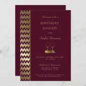 ブルゴーニュ金ゴールドシェブロンストライプの誕生日ディナー 招待状 (正面/裏面)