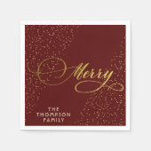 ブルゴーニュ金ゴールドスクリプトメリーブライトファミリークリスマス スタンダードカクテルナプキン (正面)