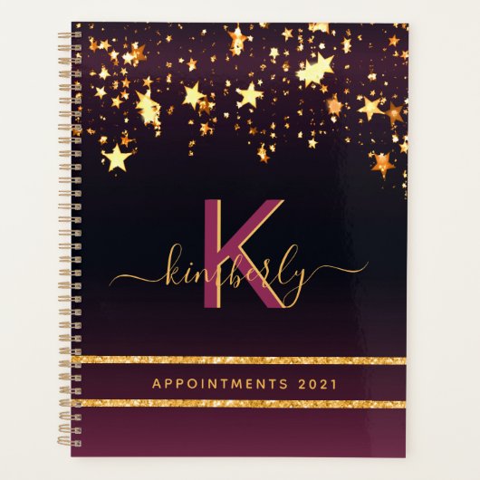 ブルゴーニュ金ゴールドスターズ黒グリッターモノグラム2025 プランナー手帳 (正面)