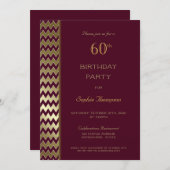 ブルゴーニュ金ゴールドストライプのシブロン60th誕生日パーティー 招待状 (正面/裏面)