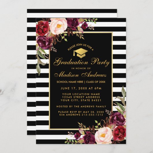 ブルゴーニュ金ゴールドストライプの卒業パーティー招待状 招待状 (正面/裏面)