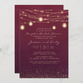 ブルゴーニュ金ゴールドストリングライトカップルのブライダル 招待状 (正面/裏面)