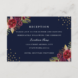 ブルゴーニュ金ゴールドネイビーフローラウェディングレセプションカード エンクロージャーカード