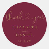 ブルゴーニュ金ゴールドハートスクリプトサンキュー結婚式の引き出物 ラウンドシール (正面)