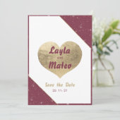 ブルゴーニュ金ゴールドハートスパークルグリッター日付を保存 招待状 (スタンド正面)