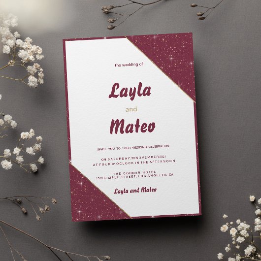 ブルゴーニュ金ゴールドハートスパークルグリッター結婚ズ 招待状