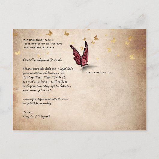 ブルゴーニュ金ゴールドバタフライカンス写真デートを保存 案内ポストカード (裏面)