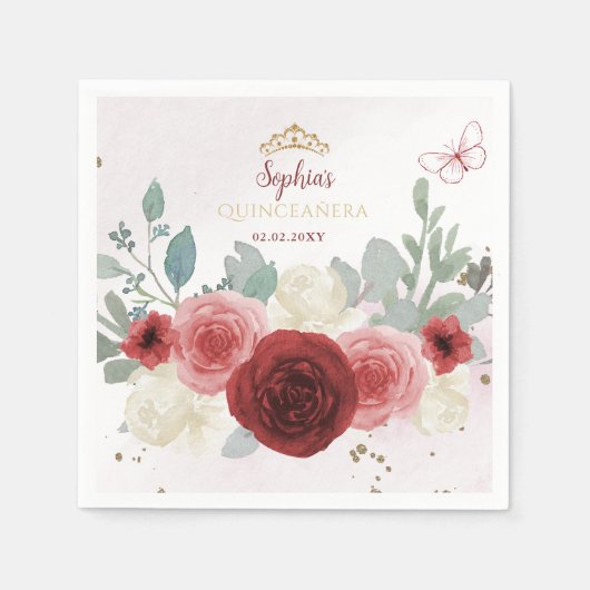 ブルゴーニュ金ゴールドバタフライティアラフローラキンセアニラ スタンダードカクテルナプキン (正面)