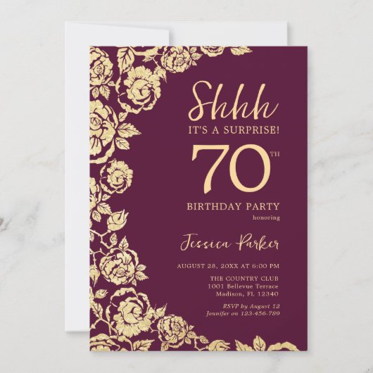 ブルゴーニュ金ゴールドバラサプライズ70誕生日 招待状 (正面)