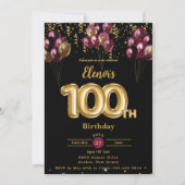 ブルゴーニュ金ゴールドバルーン紙吹雪100誕生日 招待状 (正面)