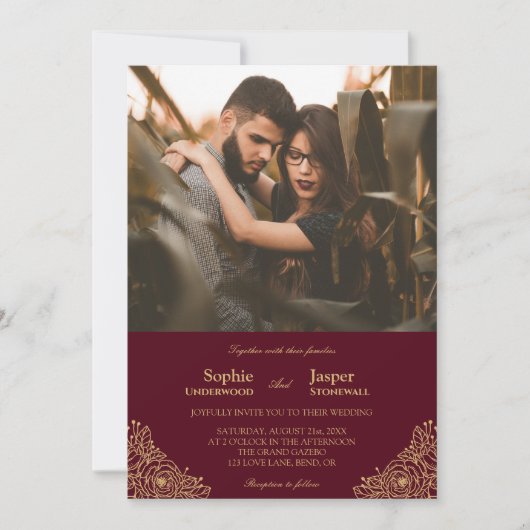 ブルゴーニュ金ゴールドフォーマルフローラ結婚写真 招待状 (正面)