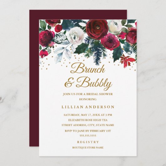 ブルゴーニュ金ゴールドフローラクリスマスブランチと泡立ち 招待状 (正面/裏面)