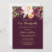 ブルゴーニュ金ゴールドフローラグリッター100th誕生日パーティー 招待状 (正面)