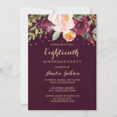 ブルゴーニュ金ゴールドフローラグリッター18thバースデーパーティー 招待状 (正面)