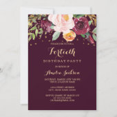 ブルゴーニュ金ゴールドフローラグリッター40th誕生日パーティー 招待状 (正面)