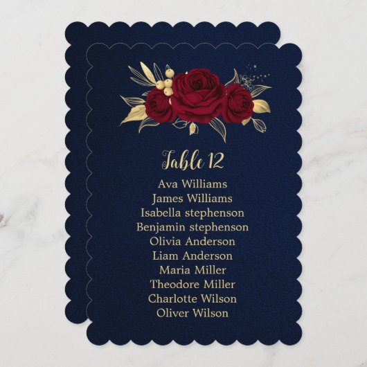 ブルゴーニュ金ゴールドフローラネイビーシーティングチャートカード 招待状 (正面/裏面)