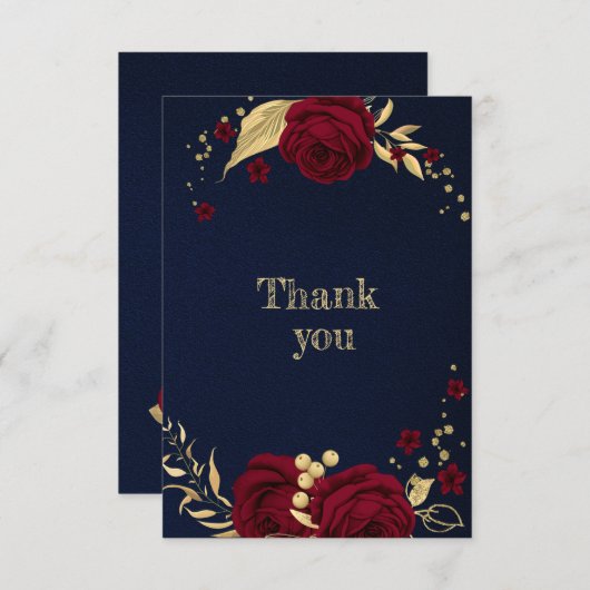 ブルゴーニュ金ゴールドフローラネイビーブルー サンキューカード (正面/裏面)
