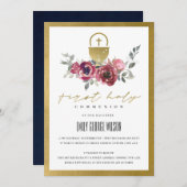 ブルゴーニュ金ゴールドフローラファースト聖餐式招待状 サンキューカード (正面/裏面)