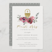 ブルゴーニュ金ゴールドフローラファースト聖餐式招待状 サンキューカード (正面/裏面)