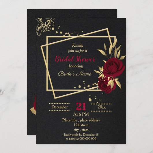 ブルゴーニュ金ゴールドフローラブラックブライダルシャワー 招待状 (正面/裏面)