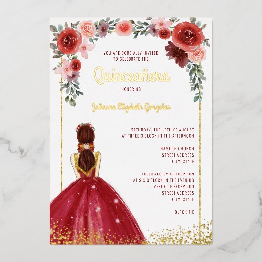 ブルゴーニュ金ゴールドフローラボールガウン15thキンセアニェラ 箔招待状 (正面)