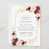 ブルゴーニュ金ゴールドフローラレスシックフォイルグリッター結婚ズ 招待状 (正面)