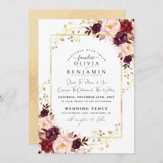 ブルゴーニュ金ゴールドフローラレスシックフォイルグリッター結婚ズ 招待状 (正面/裏面)