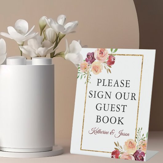 ブルゴーニュ金ゴールドフローラ結婚オータムズゲストブック 台座サイン