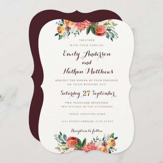 ブルゴーニュ金ゴールドフローラ結婚式招待状 招待状 (正面/裏面)