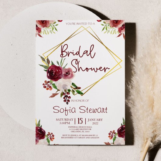 ブルゴーニュ金ゴールドフローラ花枠ブライダルシャワー 招待状