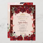 ブルゴーニュ金ゴールドフローラ蝶スウィート16 招待状 (正面/裏面)