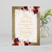 ブルゴーニュ金ゴールドフローラ50と素晴らしい誕生日 箔招待状 (立ち正面)