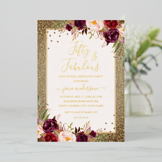 ブルゴーニュ金ゴールドフローラ50と素晴らしい誕生日 箔招待状 (立ち正面)