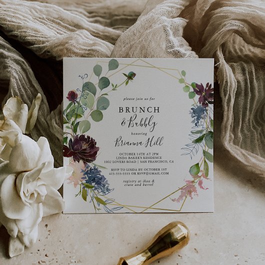 ブルゴーニュ金ゴールドブランチ&バブリーブライダルシャワー 招待状